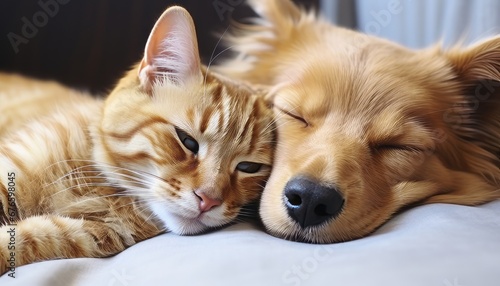 Adorable cat and lovable dog peacefully dozing off together on a sunlit summer day at home