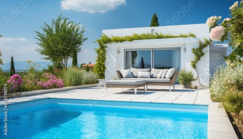 Stunning modern white house with panoramic pool nestled in the breathtaking mountains