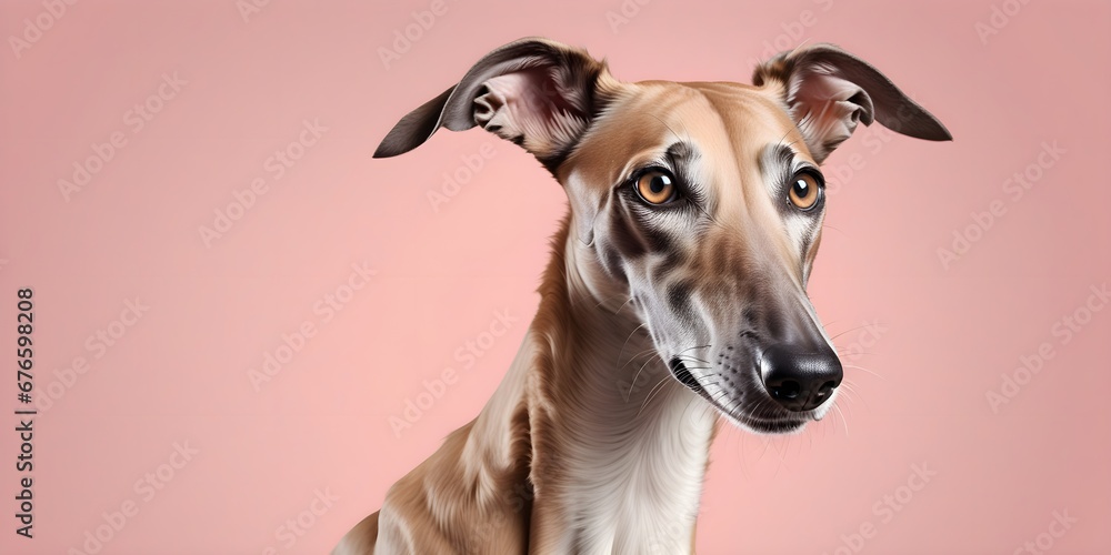 Studio portraits of a funny Russian greyhound dog on a plain and colored background. Creative animal concept, dog on a uniform background for design and advertising. Studio portraits of a funny Russian greyhound dog on a plain and colored background. Creative animal concept, dog on a uniform background for design and advertising.
