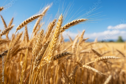 Golden wheat field under sunny summer sky, ideal farm background for product placement