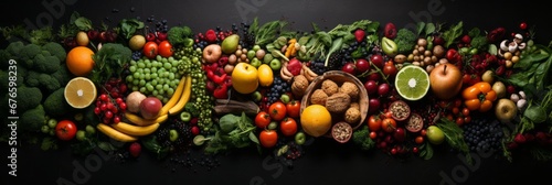 Vibrant fruits and vegetables on dark background, top view flat lay, healthy food selection