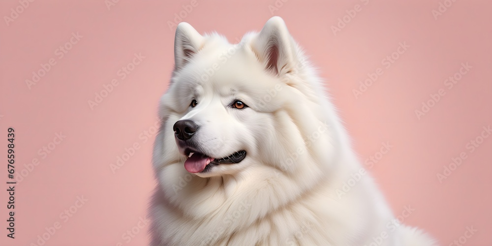 Studio portraits of a funny Samoyed dog on a plain and colored background. Creative animal concept, dog on a uniform background for design and advertising. Studio portraits of a funny Samoyed dog on a plain and colored background. Creative animal concept, dog on a uniform background for design and advertising.