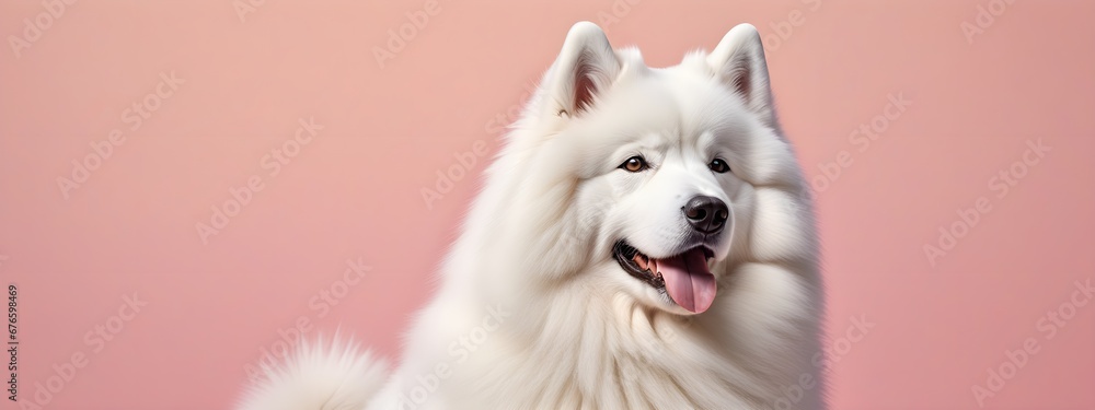 Studio portraits of a funny Samoyed dog on a plain and colored background. Creative animal concept, dog on a uniform background for design and advertising.