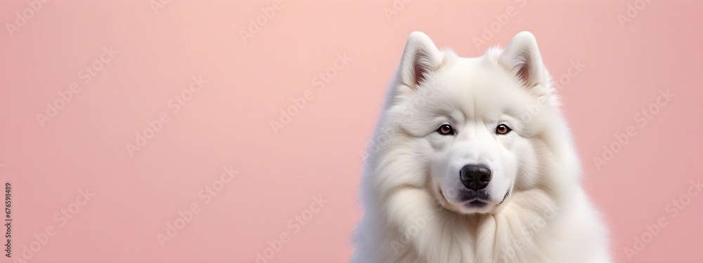 Studio portraits of a funny Samoyed dog on a plain and colored background. Creative animal concept, dog on a uniform background for design and advertising.
