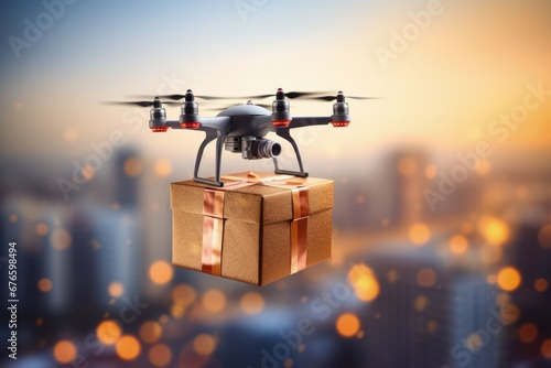 Aerial drone flying over a gift box with bokeh panorama. Generative AI
