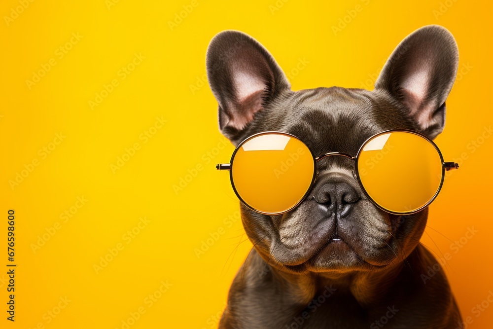 playful dog in vibrant outfit and sunglasses dancing on bright background   travel concept - obrazy, fototapety, plakaty 