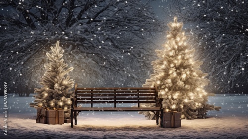 Fotografering Christmas card scenery with benches and a Christmas tree