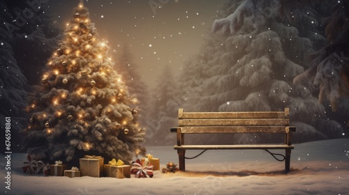 Photo Christmas card scenery with benches and a Christmas tree