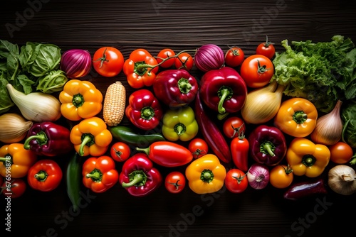 Selection of fresh and colorful vegetables and fruits, flat lay, top view on dark solid background