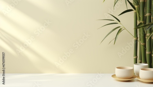 Asian tea set with two white cups, teapot, bamboo mat, and dry green tea on white background © Ilja