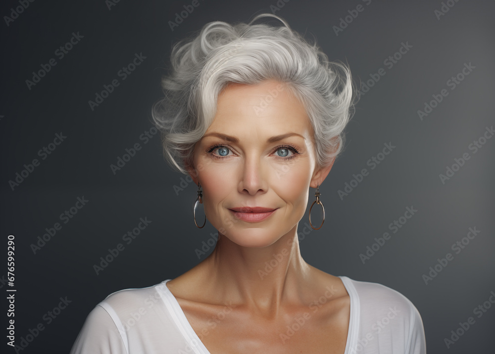 Adult mature woman with white hair. Cosmetics and beauty industry advertising concept. Woman smiling looking into camera. Skincare cosmetics. Makeup model