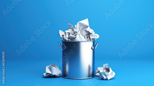 Metallic trash can with crumpled paper isolated on a blue background. Generative AI