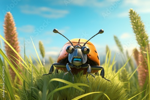 Cute Colorful and happy little woodland dor beetle on grass photo
