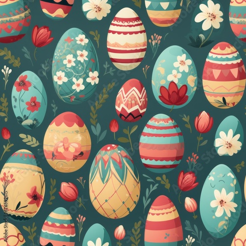 Vibrant and playful easter eggs pattern on a bright solid background, seamless and repeatable design photo