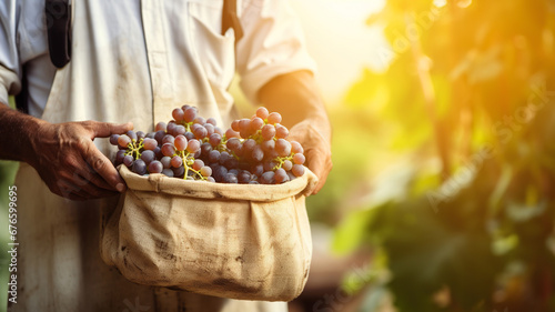 Person holding burlap bag full of grapes after harvesting them in vineyard