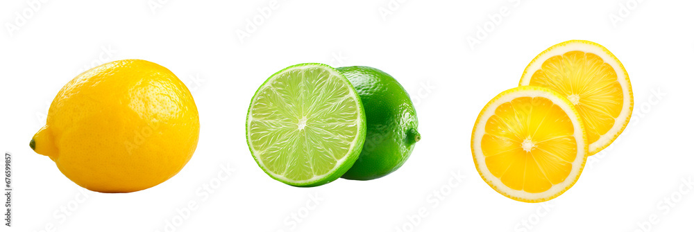 Set of collage of lemons and limes on isolated transparent background
