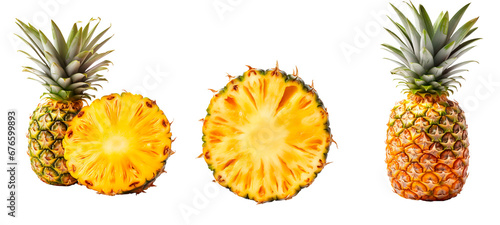 Set of pineapples in whole, half and slice on isolated transparent background