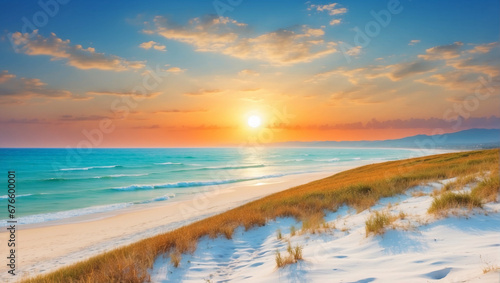 view of the beach from the top of the hill at sunrise