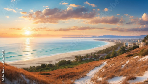 view of the beach from the top of the hill at sunrise