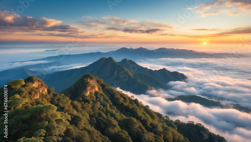 Serenity Above the Clouds. A Majestic Vista from the Mountain Summit