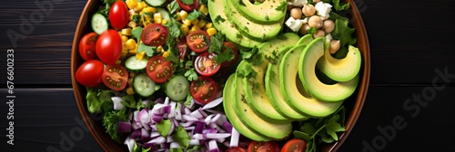 Avocado salad with cherry tomatoes  cucumber  red onion  and lettuce in bowl on dark blue background