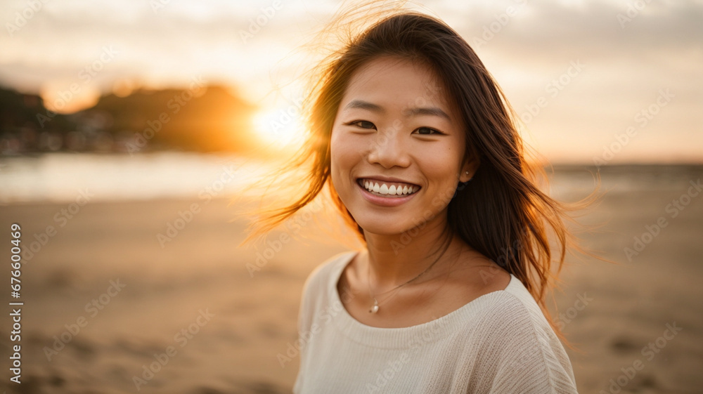 Happy young asian woman enjoying freedom at the beach, healthy lifestyle, happiness, freedom and mental health concept, space for text Happy young asian woman enjoying freedom at the beach, healthy lifestyle, happiness, freedom and mental health concept, space for text