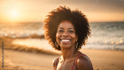 Happy woman enjoying freedom in nature while enjoying your vacation on the beach right by the sea, cheerful middle aged woman having fun walking outside, healthy lifestyle, happiness and mental health photo