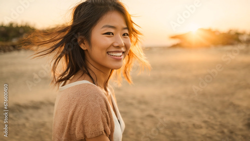 Happy  asian woman enjoying freedom at the beach,  healthy lifestyle, happiness, freedom and mental health concept, space for text