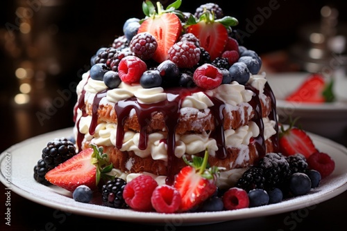 Delicious homemade berry dessert with rich chocolate drizzle and elegant decorative toppings