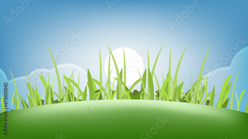 Landscape green grass with sunny and blue sky background, nature template texture vector