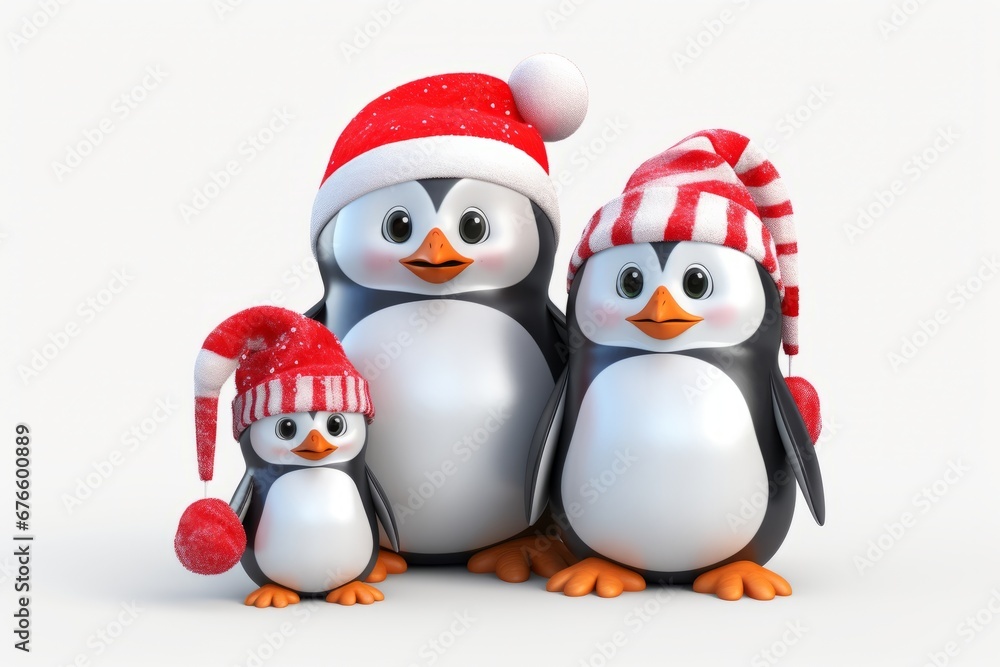 Fototapeta premium Cute Penguin Family dressed with christmas attire 3D Illustration Generative Ai