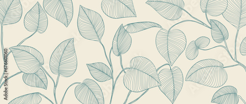 Abstract botanical background with hand drawn tropical leaves in line art style. Vector banner with exotic leaves for decoration, print, wallpaper, packaging, textile, interior