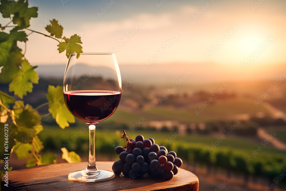 A glass of red wine, rich in color and aroma, held up against a backdrop of a vineyard with rolling hills and rows of grapevines. Ai Generated.NO.01 - obrazy, fototapety, plakaty 