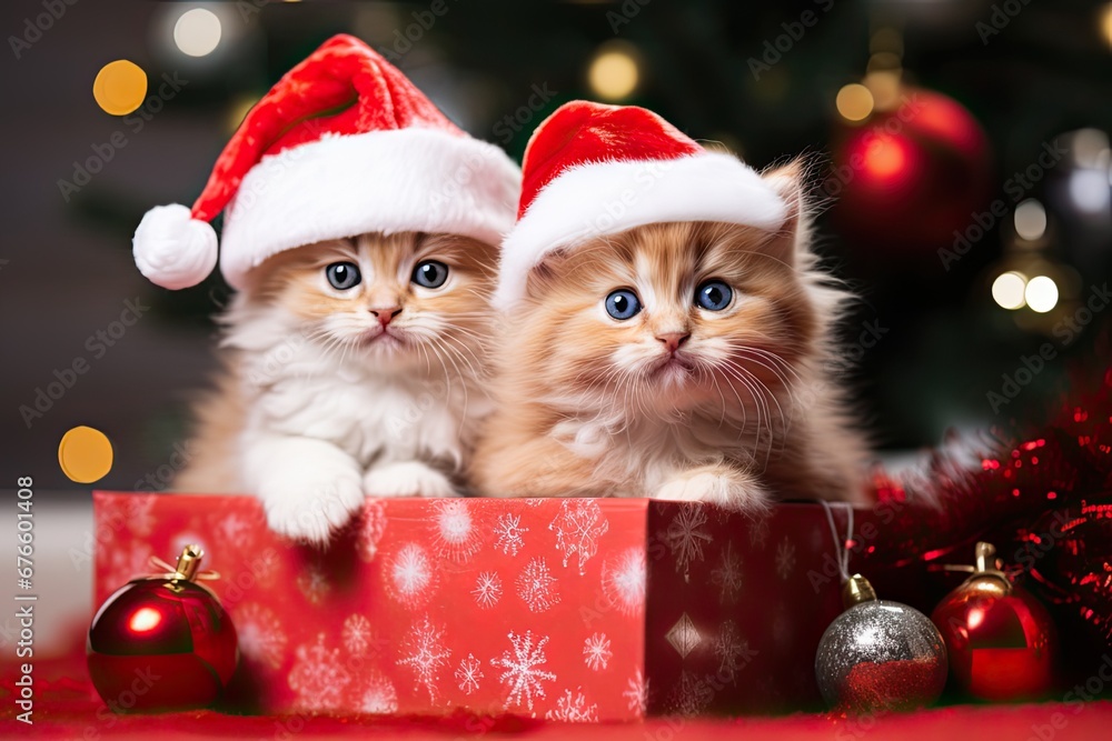 New year present concept. A kitten under the Christmas tree New year present concept. A kitten under the Christmas tree