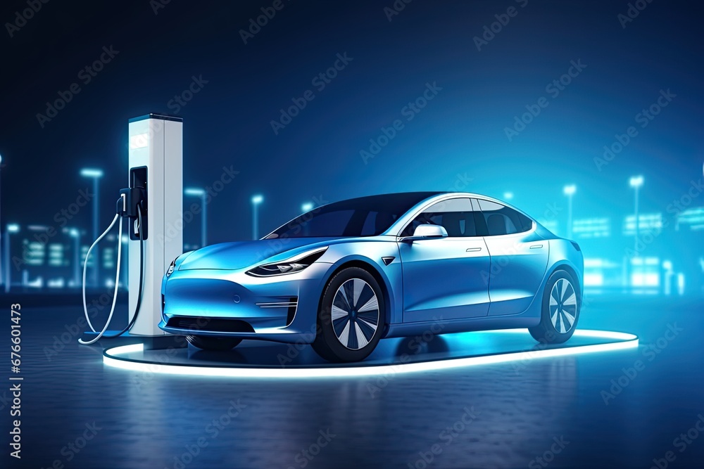 Electric car connected to charging station supplier. Charge battery