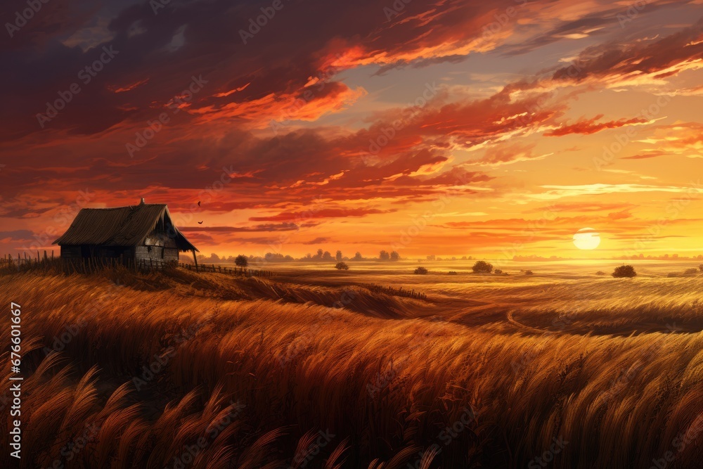 Fototapeta premium Sunset on a wheat field with a peasant hut