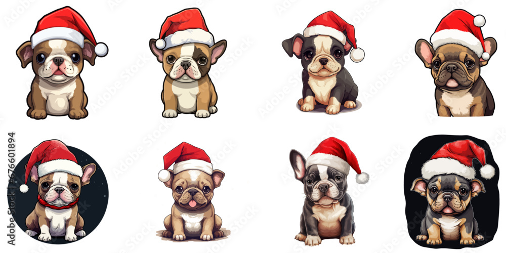 Fototapeta premium collection of various, cute kawaii small vector french bulldog puppy in santa hat without background for christmas postcard cartoon character style 