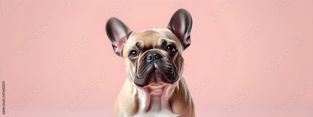 Studio portraits of a funny French Bulldog dog on a plain and colored background. Creative animal concept, dog on a uniform background for design and advertising.