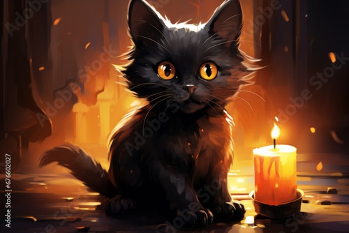 Drawing of a cute black Cat Halloween Themed Generative Ai