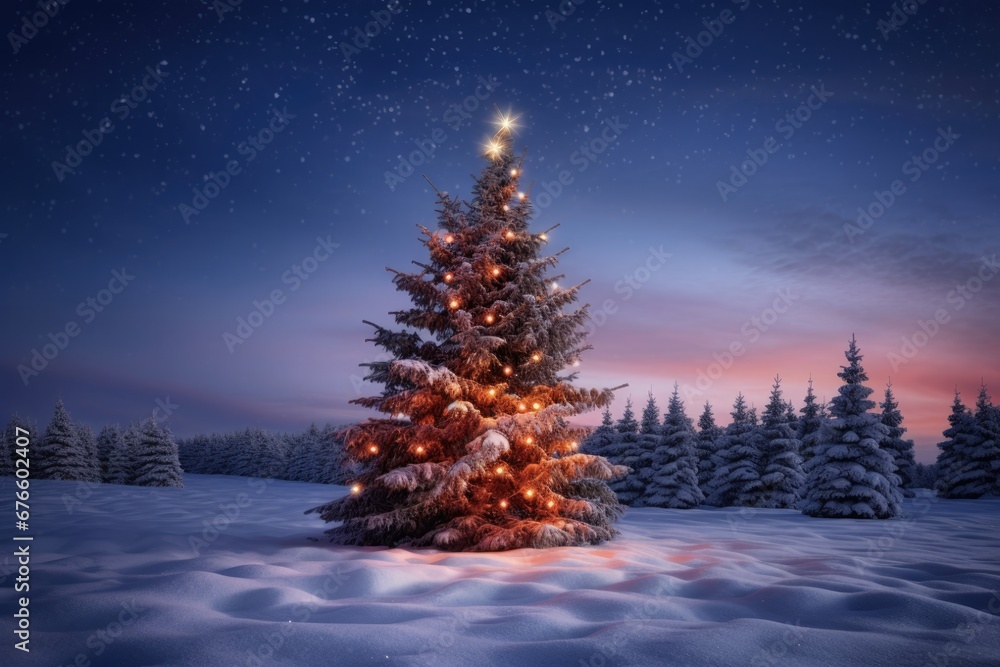 Christmas Tree Night. Illuminated Christmas Tree in a Winter Wonderland of Snow and Lights.