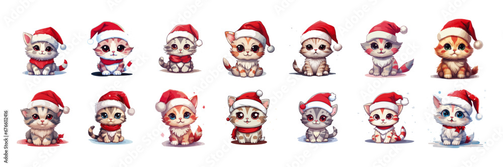 collection of various cute kawaii vector kitten in santa's hat without background cartoon character style for christmas xmas postcard collection of various cute kawaii vector kitten in santa's hat without background cartoon character style for christmas xmas postcard