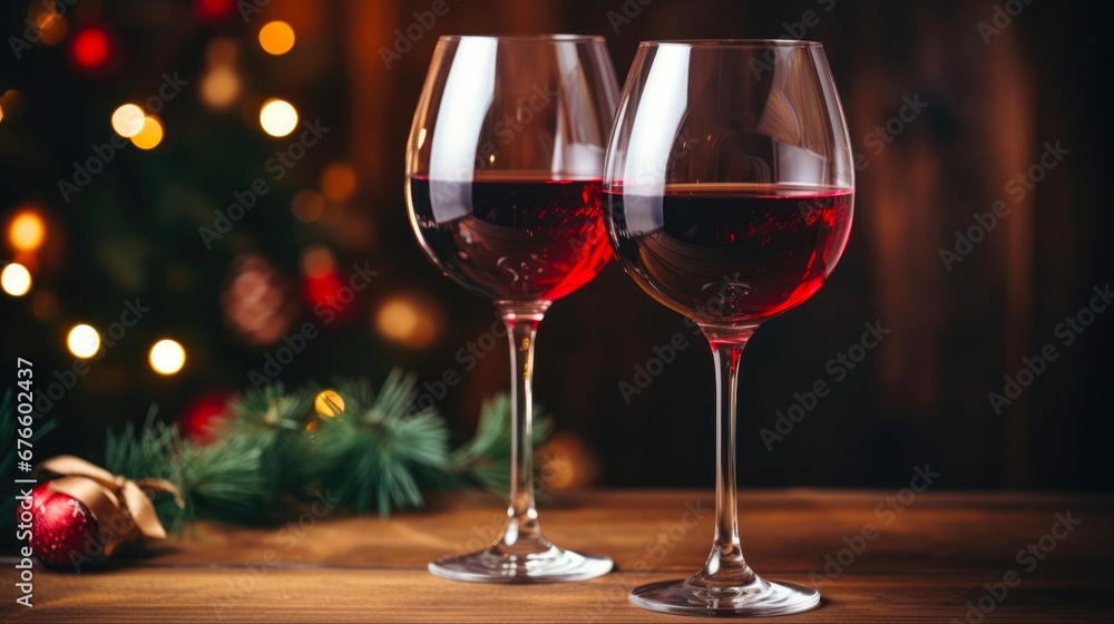 Christmas Wine Glasses. Celebrate the Festive Season with Red Wine and Christmas Ornaments on a Wooden Background