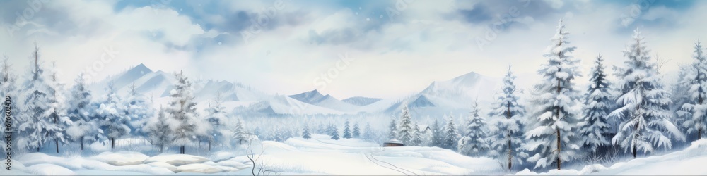 Winter Wonderland: Panoramic Christmas Landscape with Snowy Trees and Forest. Cold Nature in White.