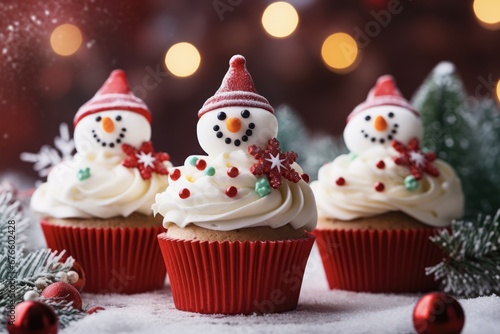 Festive Holiday Cupcakes. Delicious Christmas and New Year Cupcakes with Festive Decorations on Confectionery Mastic Background
