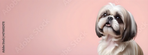 Studio portraits of a funny Shih Tzu dog on a plain and colored background. Creative animal concept, dog on a uniform background for design and advertising. photo
