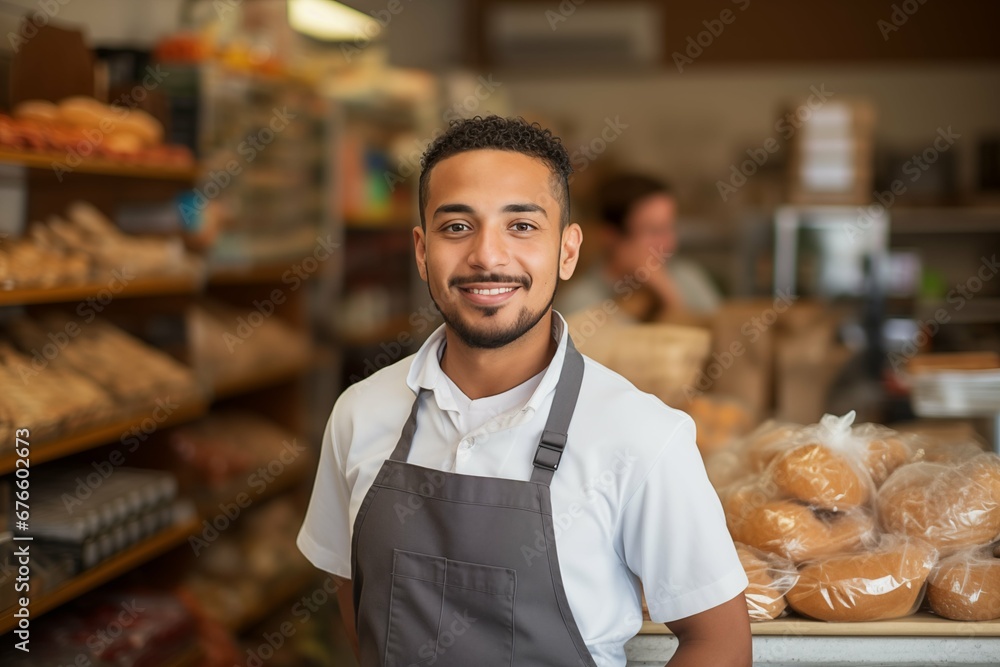 Young hispanic male home baked goods seller standing in his shop. Young hispanic male home baked goods seller standing in his shop.