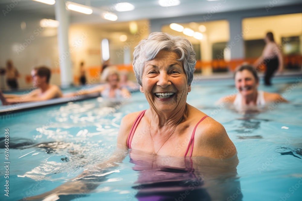 Elderly women doing exercise in swimming pool, seniors practicing water aerobics in pool. 
