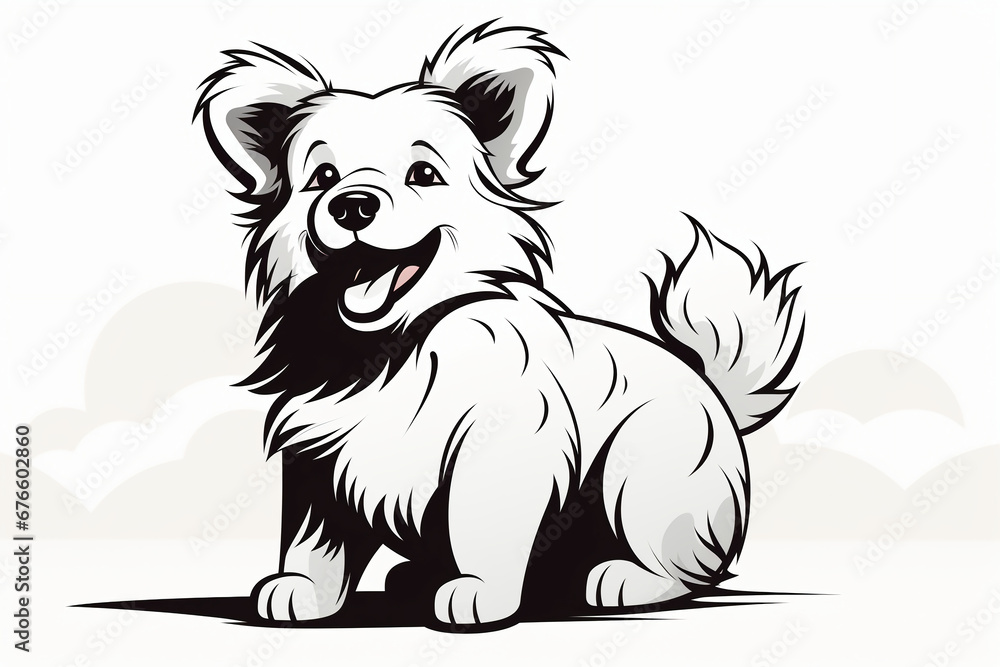 Monochromatic thick line doodle, Flat minimal 2D illustration, of a happy dog turned sideways, asking for food, looking up, abstract, minimalistic, vector art, white background, white space, white and