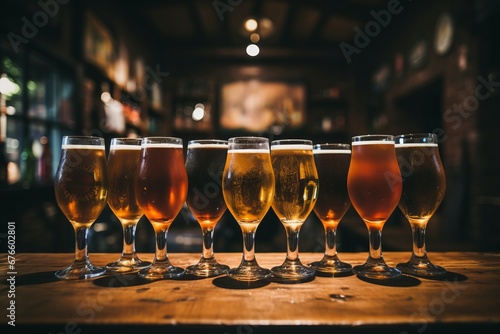 Craft beer fans at pub   friends at bar table   closeup of beer glasses   food and drink concept
