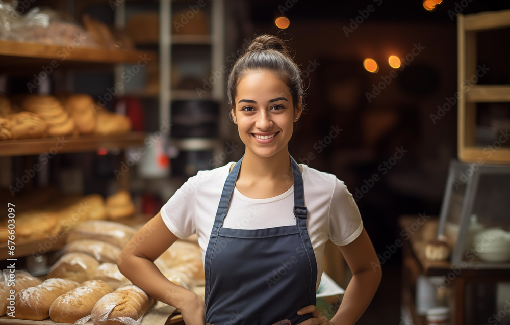 Young hispanic woman home baked goods seller standing in her shop.